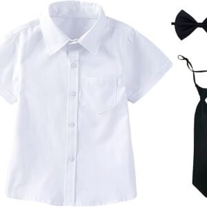3 Pièces Swag et Tendance Uniforme Scolaire Manches Courtes – Ensemble Chemise Blanche Cravate Noire et Nœud Papillon Pour Écolier Garçon