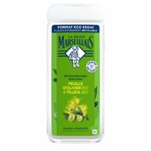 Le Petit Marseillais Gel Douche et Bain Extra Doux Feuille d’Olivier BIO et Tilleul BIO 650 ml – Fraîcheur Verte et Apaisante
